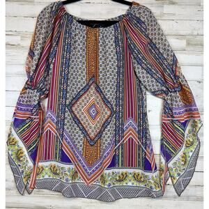 New Directions Women’s S Multicolor Boho Geometric 3/4 Sleeve Peasant Tunic Top